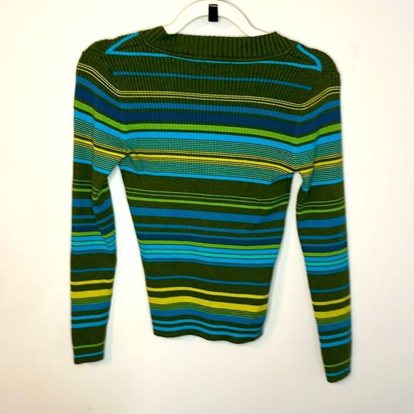 Vintage Y2K St.John’s Bay V-Neck Striped Green Sweater Petite Small - Picture 5 of 5